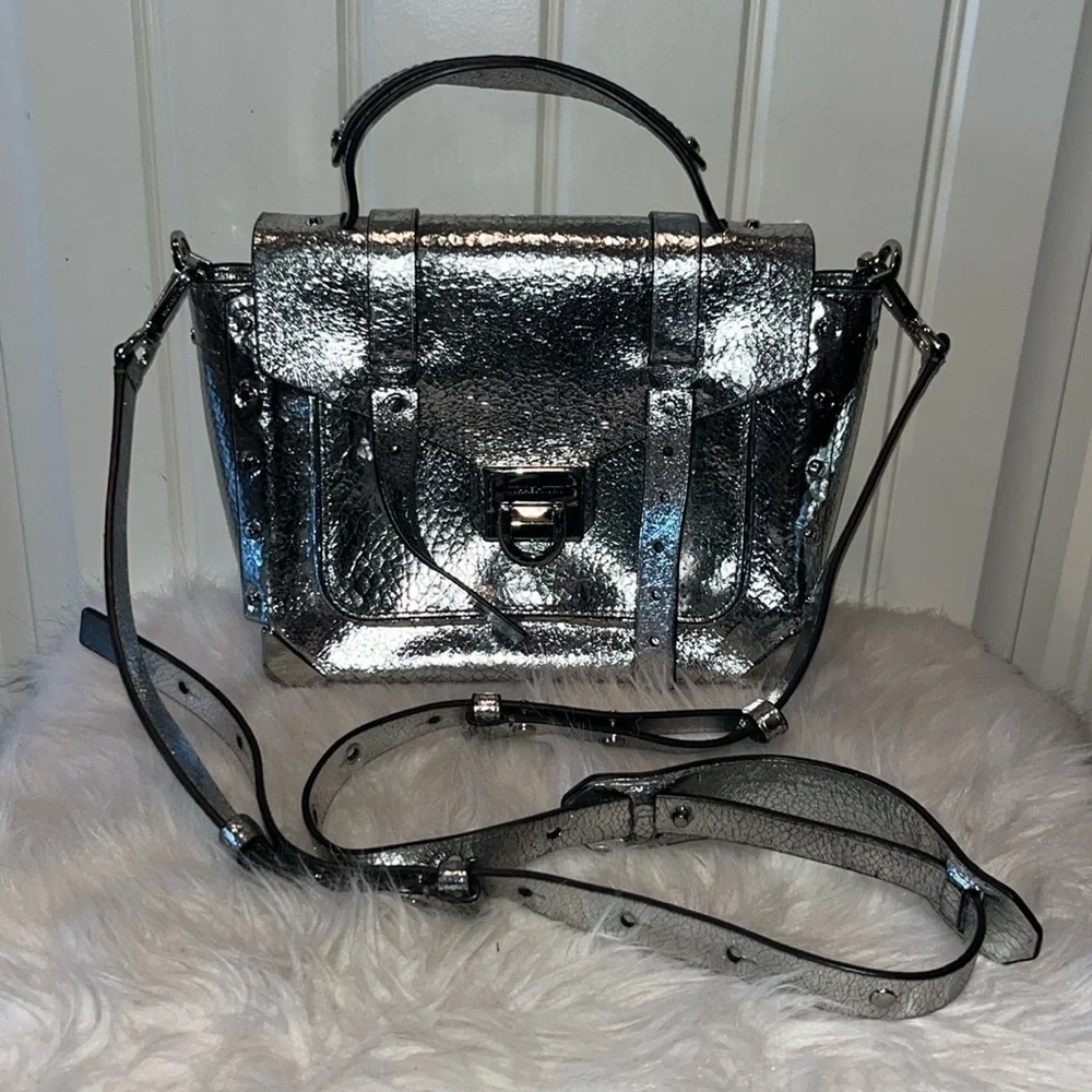 Michael Kors Silver Leather Satchel Handbag cyberpunk Avant Garde artsy unique